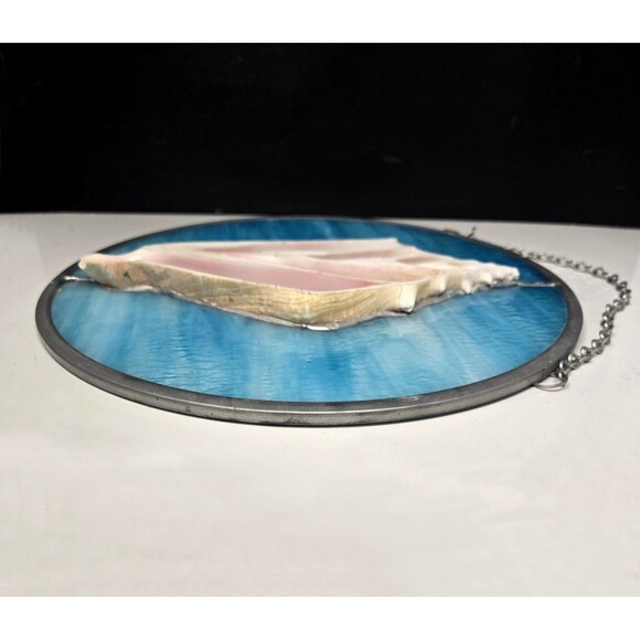 Vintage Stained Glass With Conch Shell Cutout 3D Hanging Hand Crafted Art 11.5" - Picture 12 of 15